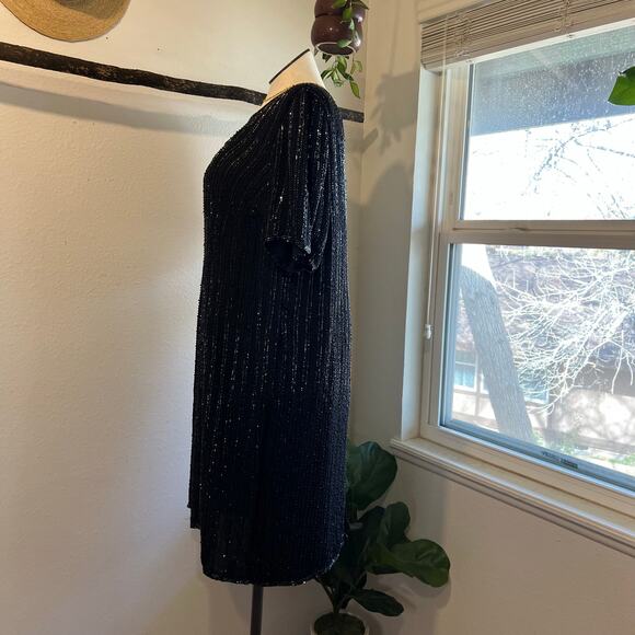Black 100% Silk Beaded Sequin Sparkle Short Sleeve Knee Length Dress Size 22/24 - Picture 3 of 13